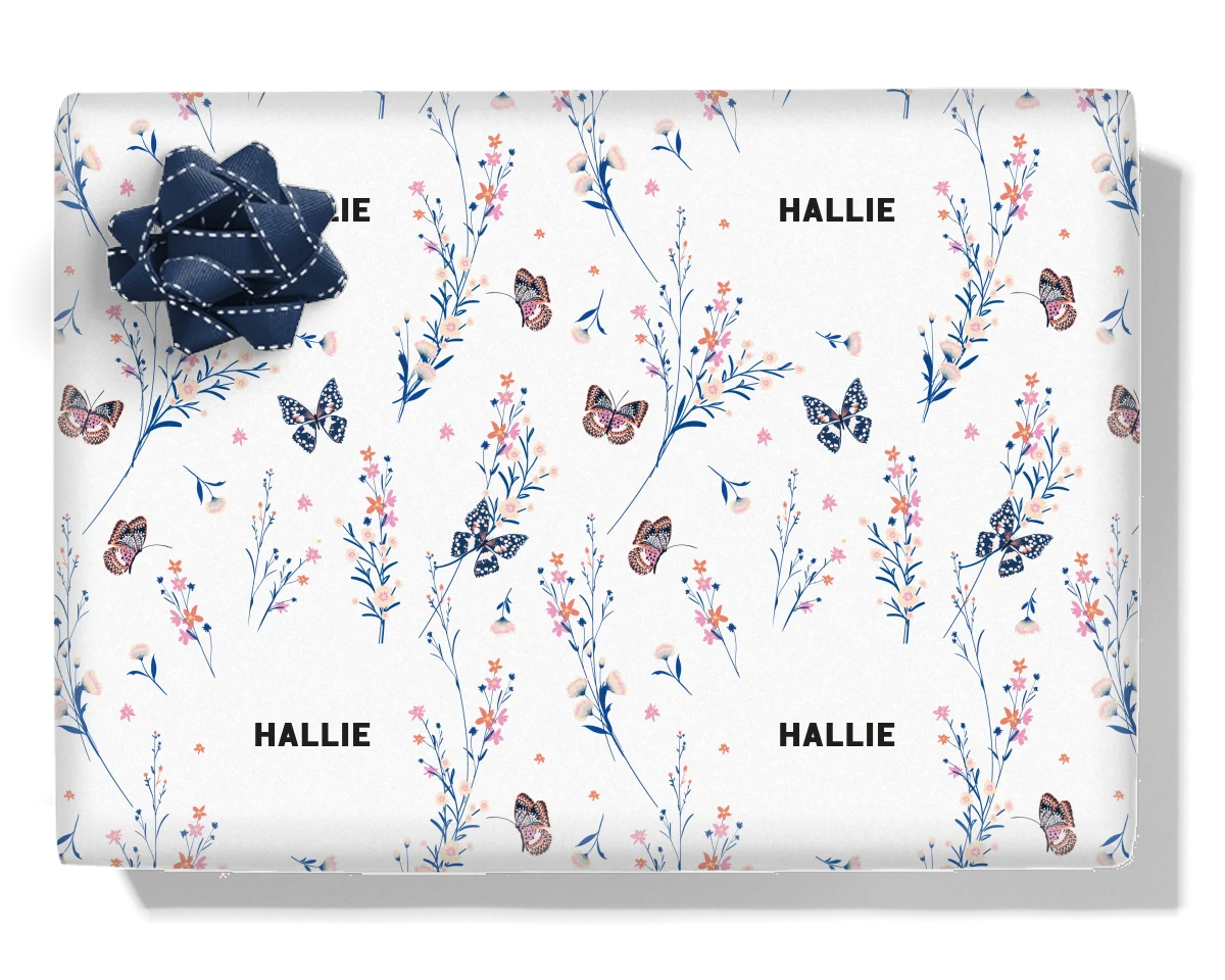 Pastel Meadow Flower Butterflies Personalised Wrapping Paper