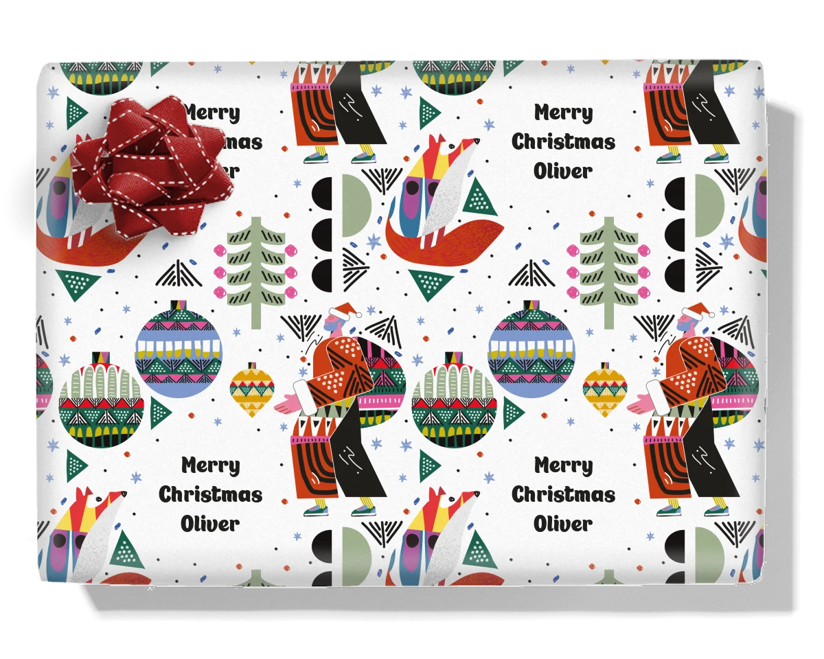Abstract Santa & Fox Personalised Wrapping Paper